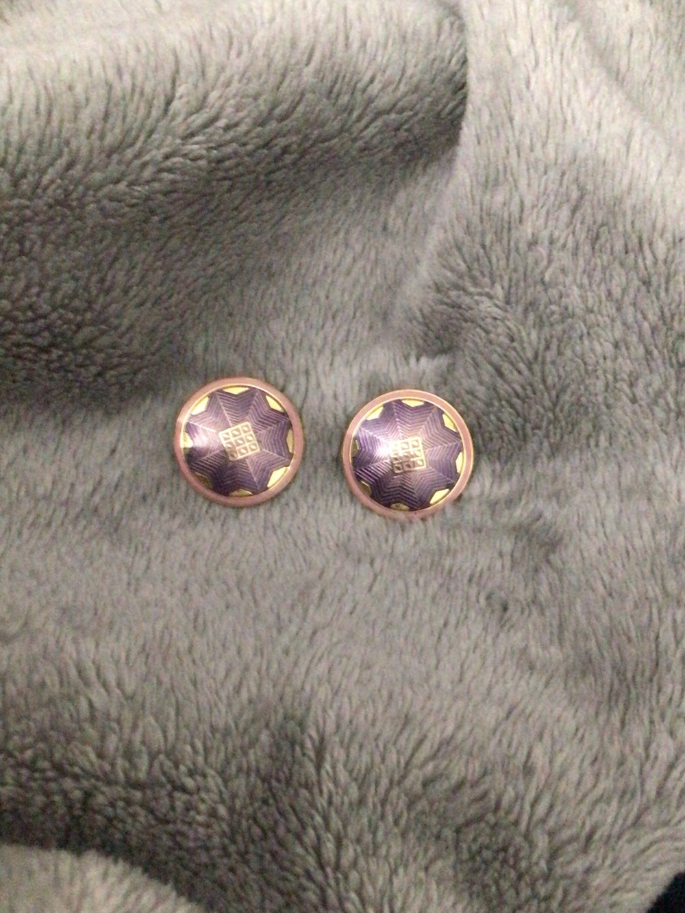Vintage Nuri Purple Enamel and Gold-Tone Round Button Earrings